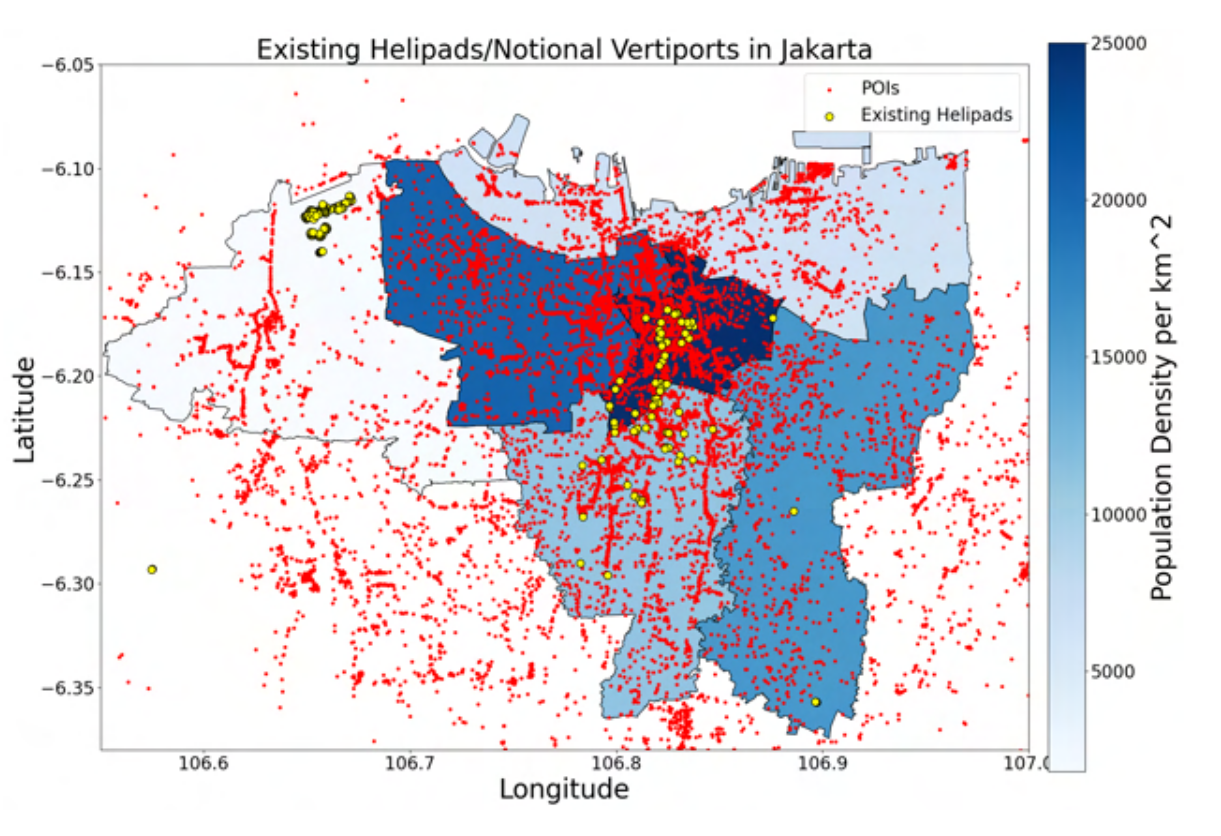 Jakarta points of interest and existing helipads